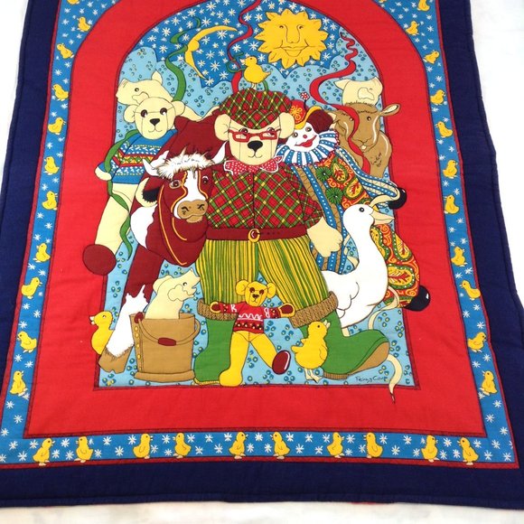 Vintage Quilted Baby Blanket Bears Cow Ducks Pigs Clown 33 1/2" x 41 1/2" - Picture 3 of 15